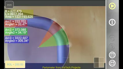 Partometer on Android: pipe bend angle and radius measurements.