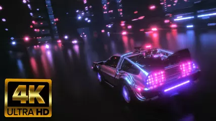 DELOREAN TIME MACHINE RACING THROUGH A FUTURISTIC CITY IN 4K HIGH DEFINITION